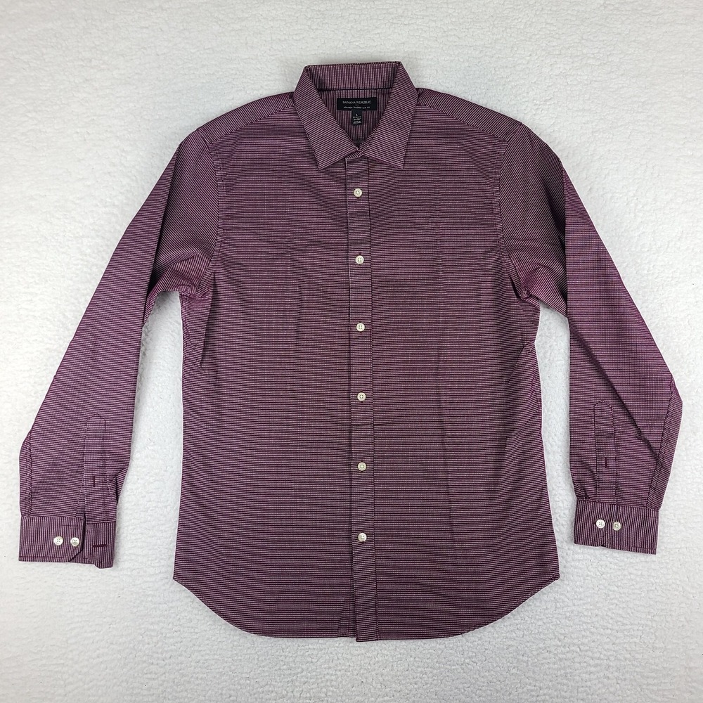 Banana Republic Shirt Mens Large Dark Red White Non Iron Tailored Slim Button Up